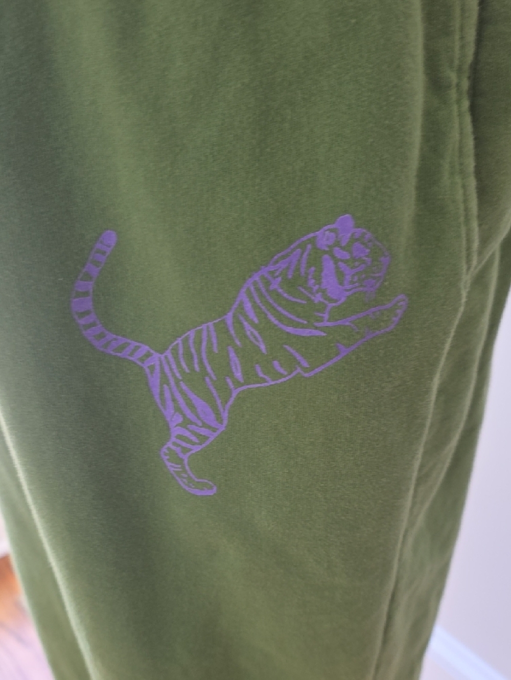 Clare V Olive Green Womens  Sweatpants with Purple Tiger Motif - Picture 3 of 6